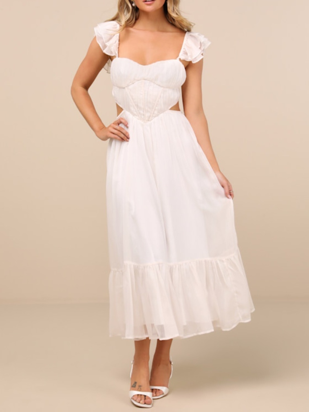 Lulus Mio Ivory Pleated Tie-back Midi Dress White - Size M